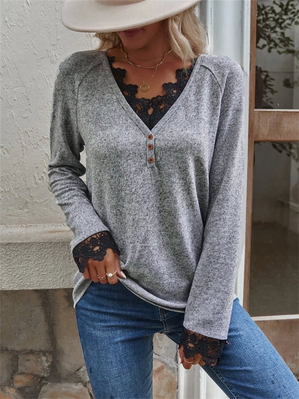 Lace Splicing Knitting V-neck Tops