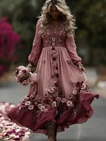 Women's Classic Romantic Pink Rose Embroidery Art Comfy Linen V Neck Maxi Dress