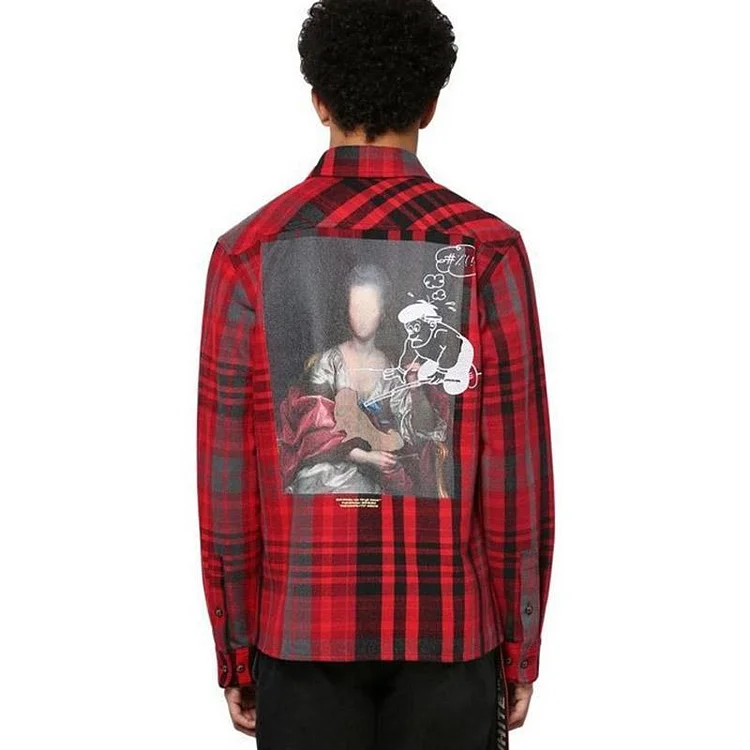 Off White Red Long Sleeve Shirt Ow Plaid Shirt Oil Painting Printed Embroidered Loose Shirt