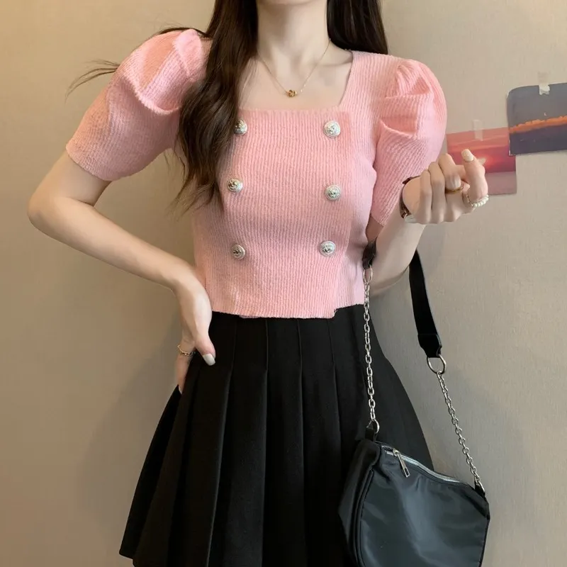 Uveng Uveng New French Gentle Style Design Double Buckle Bubble Sleeve T-Shirt Knitted Short Top