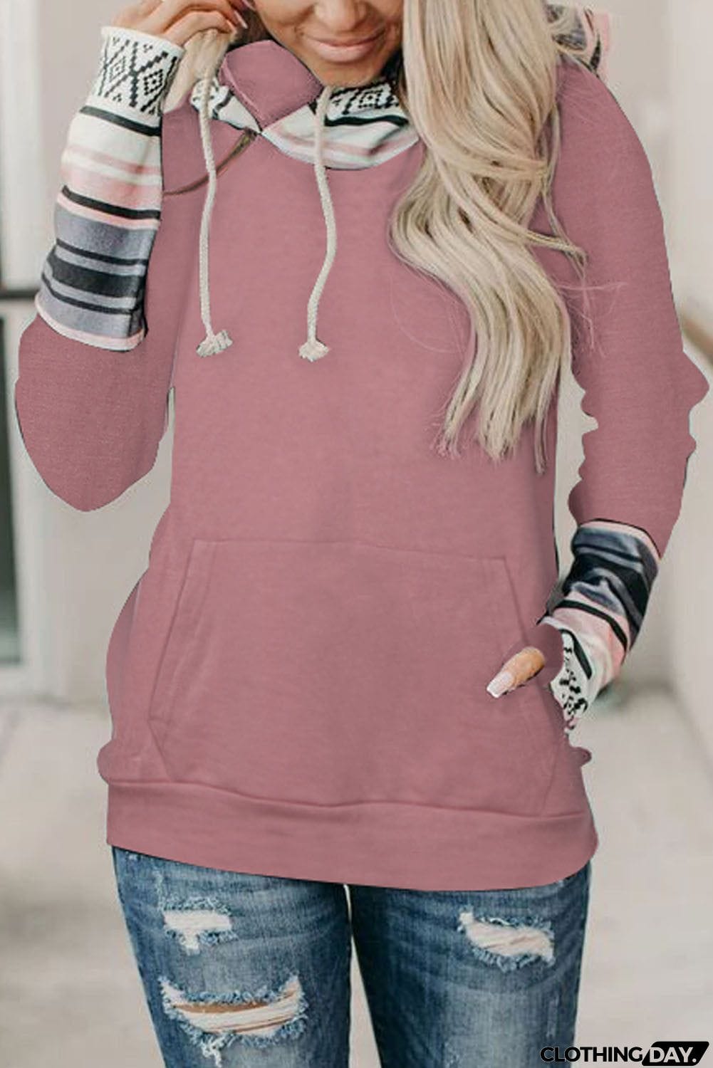 Plaid Double Hoods Thumb Hole Hoodie