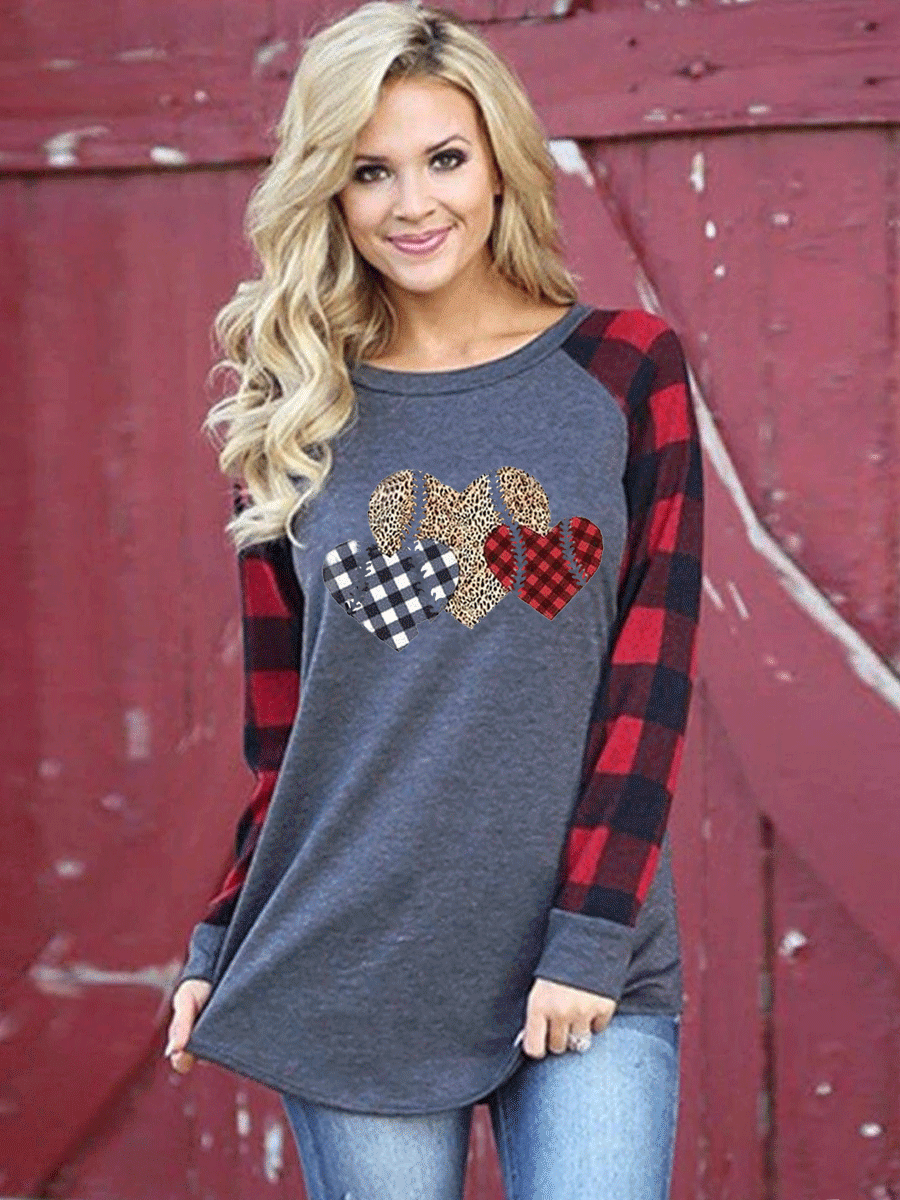 Leopard heart baseball plaid T-shirt
