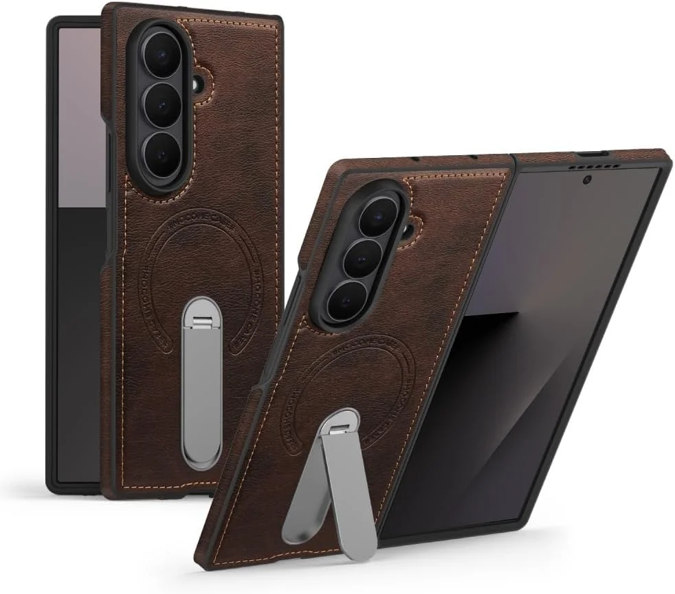 360 Rotae Kickstand Leather Case for Samsung Galaxy Z Fold 7 6 5 4 3 5G Magnetic Heavy Duty Cover, Military Shockproof Cases 