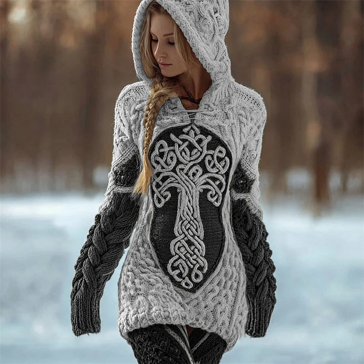 Viking Tree Of Life Celtic Contrast Cozy Chunky Hooded Sweater