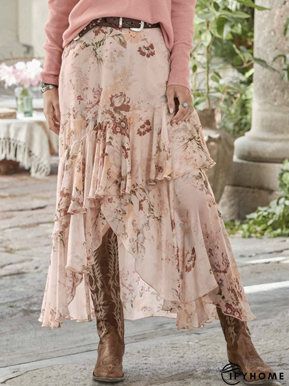 Loose Red Floral Chiffon Vacation Skirt | IFYHOME