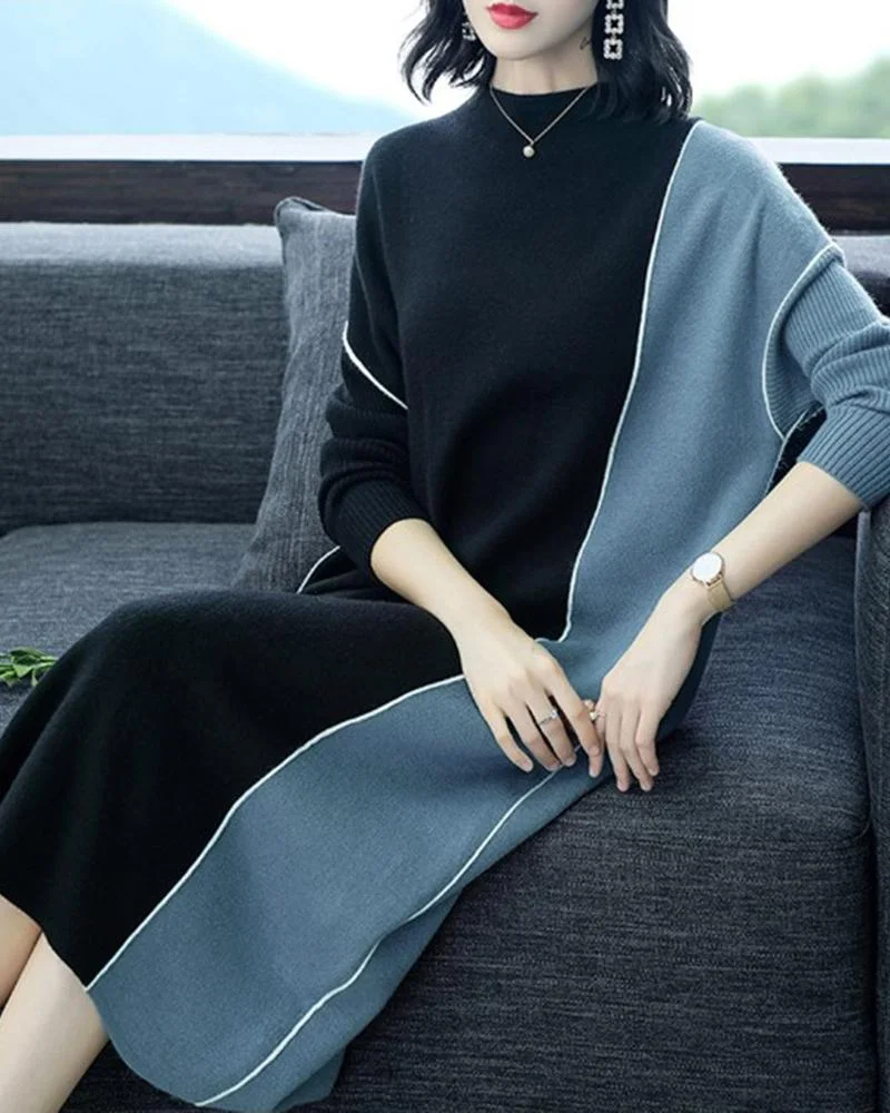 Temperament Knitted Skirt Casual Hit Color Dress