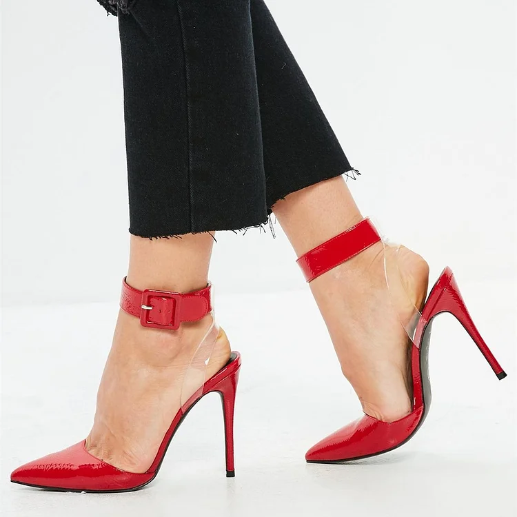 Red transparent Heels Ankle Strap Pointy Toe Stiletto Heels Slingback Pumps |FSJ Shoes