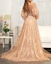Glittery Sequin Print Puff Sleeve V Neck Gown