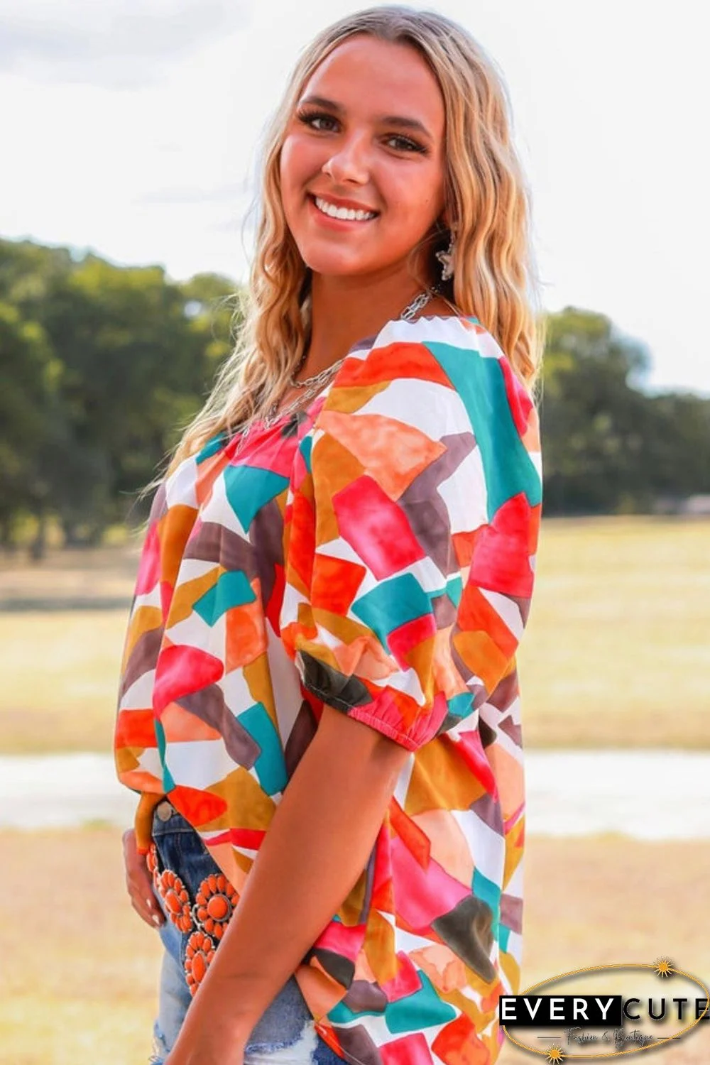 Multicolor Square Neck Abstract Print Short Sleeve Blouse