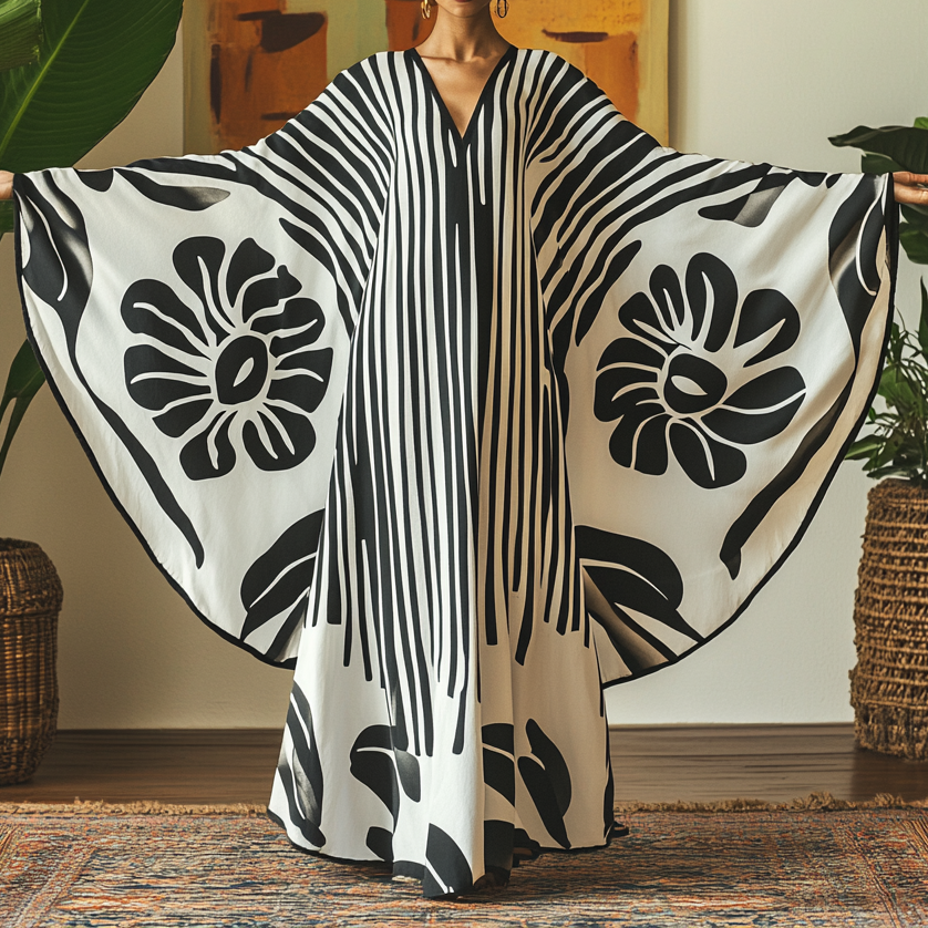 Nomad Spirit Ladies' Brushstroke Symphony Art Sapphire Breeze Linen V-neck Long Kaftan