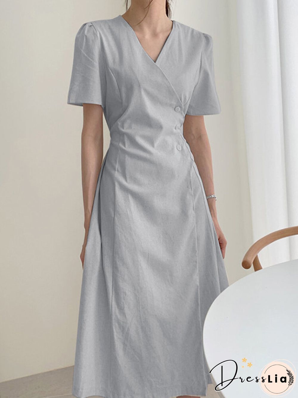 Solid Warp Button Front V-neck Short Sleeve Casual Dress
