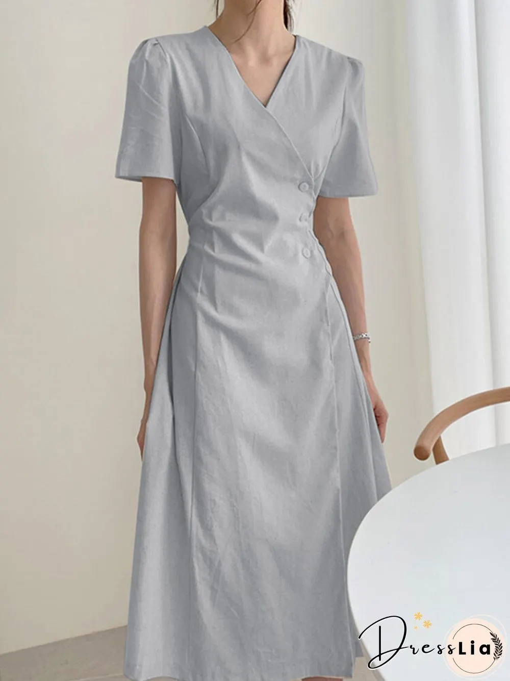 Solid Warp Button Front V-neck Short Sleeve Casual Dress