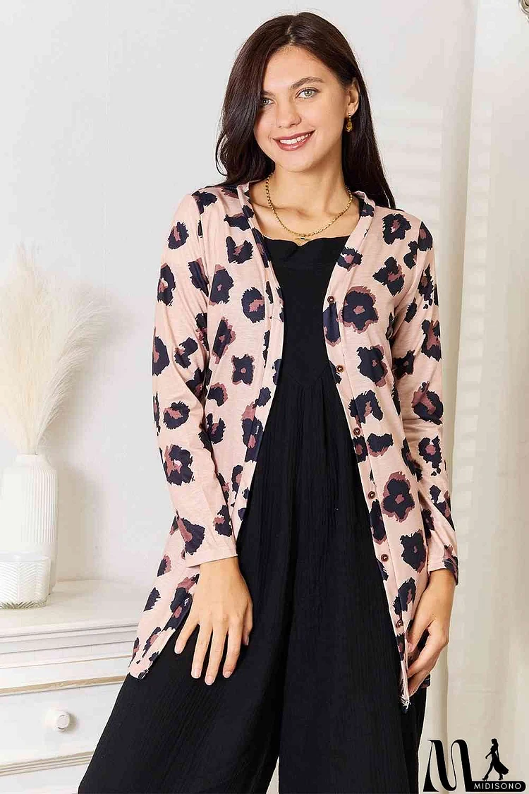 Double Take Printed Button Front Longline Cardigan