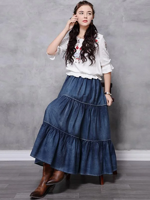 Vintage Splicing Pleated Jean Skirt