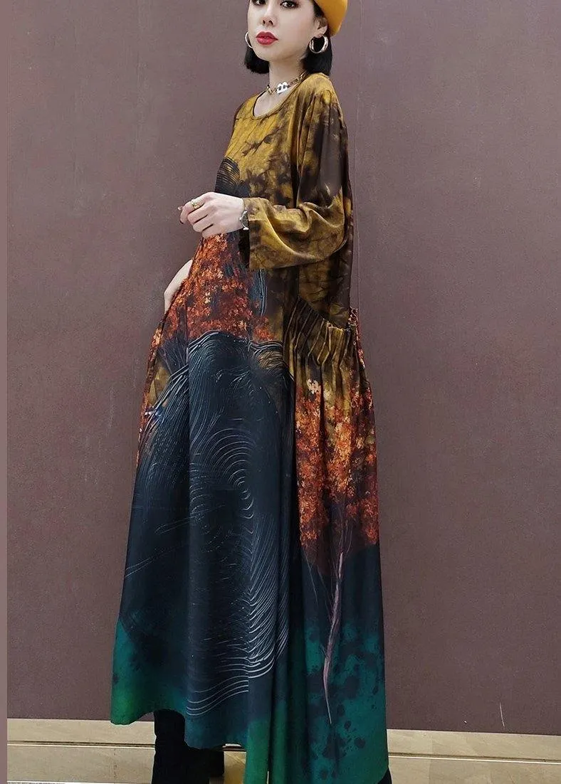 DIY O Neck Large Hem Spring Clothes Tunic Tops Yellow Print Vestidos De Lino Dresses