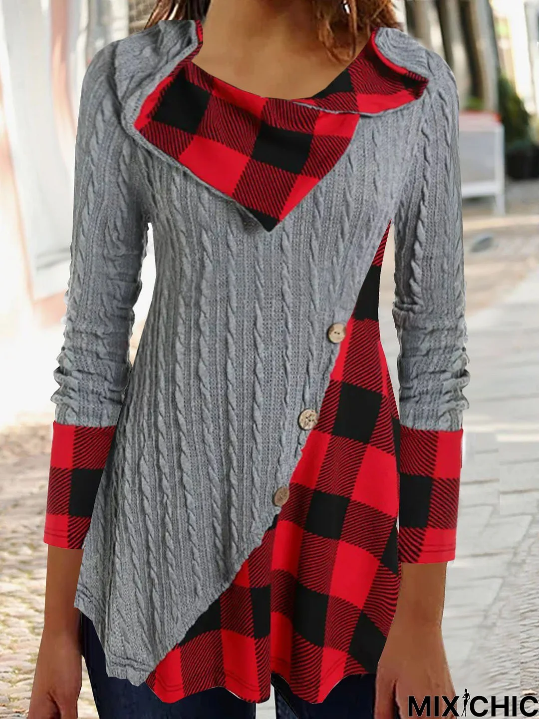 Patchwork Plaid Casual Asymmetrical Tunic Top