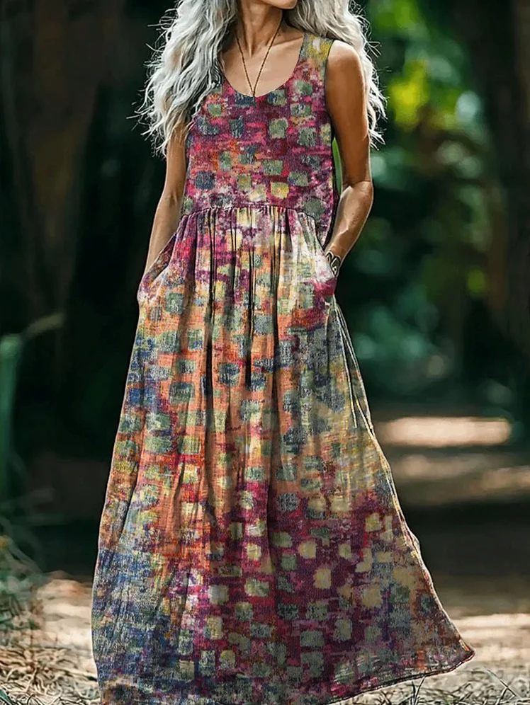 Women's Bohemian Abstract Art Print Crew Neck Sleeveless Cotton Pocket Dress