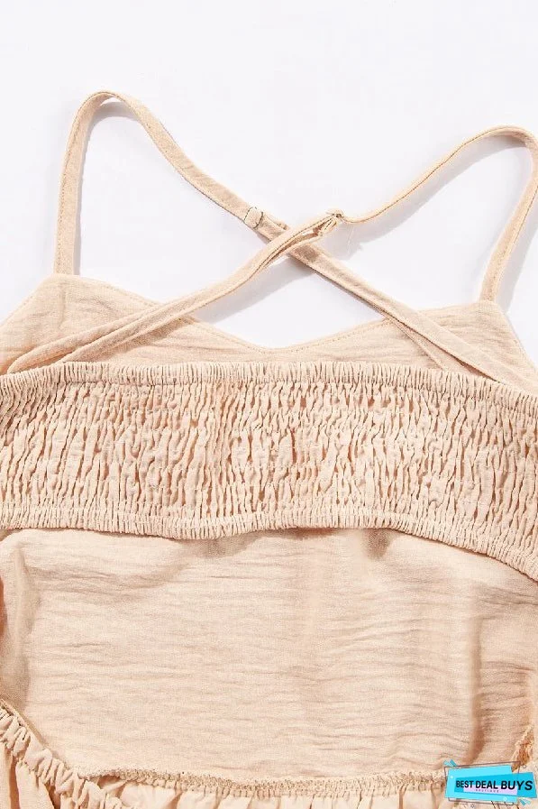 Oatmeal Crossover Backless Bodice Tiered Maxi Dress