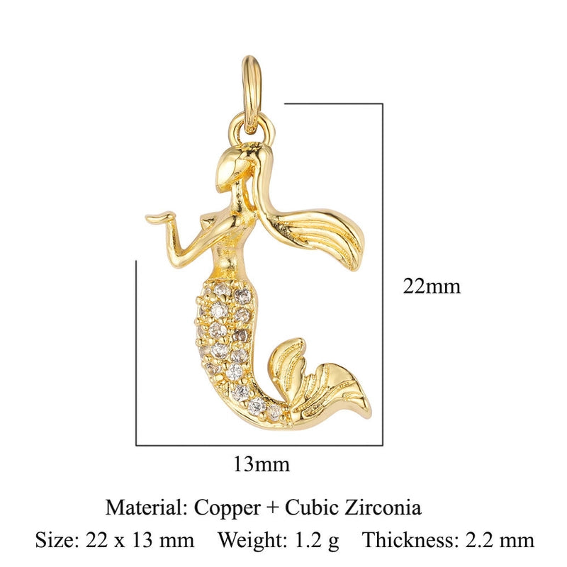 1 Piece Copper Zircon 18K Gold Plated Fox Mermaid