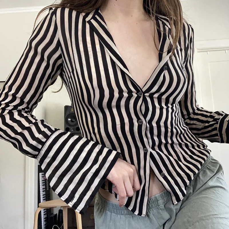 Toloer Toloer Style Simple Casual Temperament Joker Striped Lapel Shirt Female Slim Waist Long Sleeve Breasoned Top-Outfit Ideas