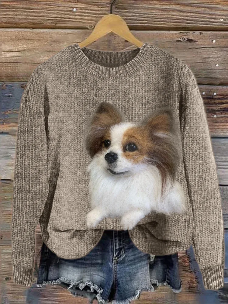 VChics Papillon dog Felt Portrait Cozy Knit Sweater