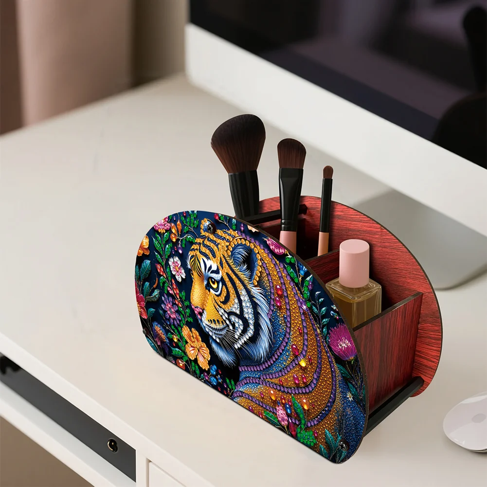 DIY Gem Tiger Design Wooden Diamond Painting Makeup Brush Storage Box Organizer