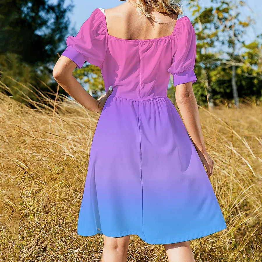 Pink Purple Blue Ombre Dress Women Boho High Waist Flared Puff Sleeve Cute Sweetheart Midi Dress Pink & Blue-3XL Pink Purple Blue Ombre Dress Women Boho High Waist Flared Puff Sleeve Cute Sweetheart Midi Dress Pink & Blue-3XL