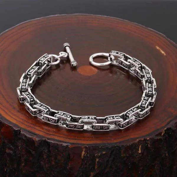 Sterling Silver Buddhist Mantra Square Byzantine Chain Bracelet