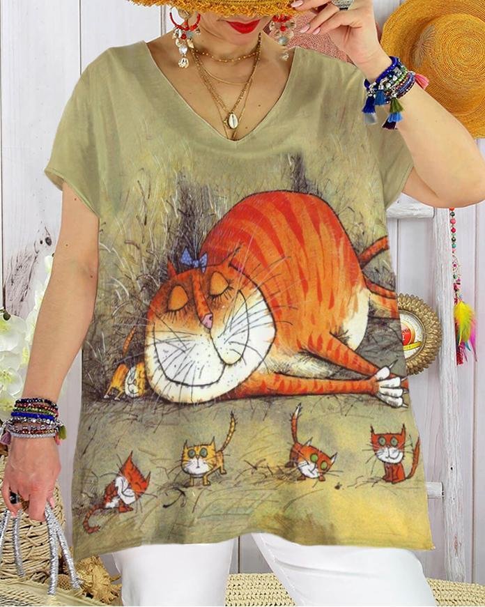 Loose Casual Cat Print T-Shirt