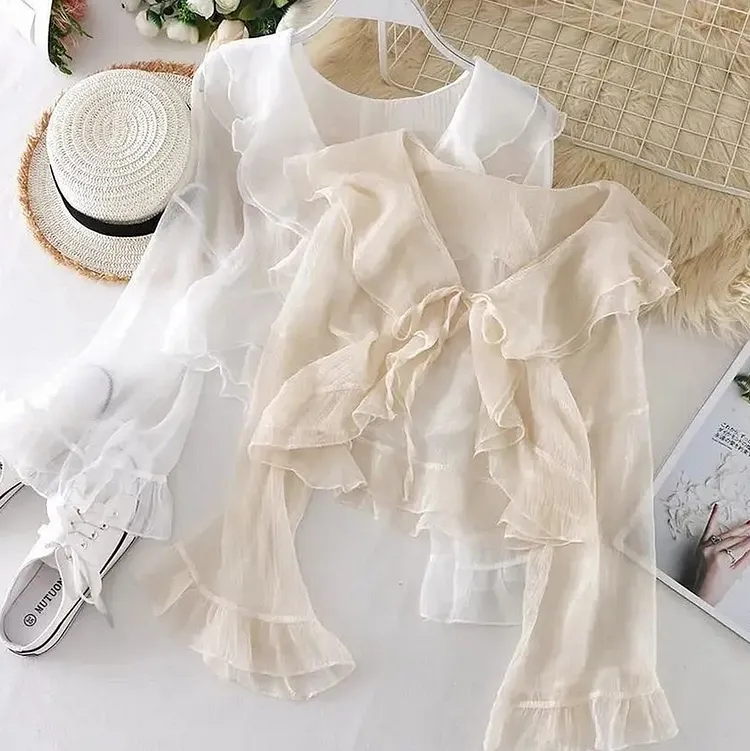 Flutter Sleeve Sheer Blouse with Ruffle Hem for Women