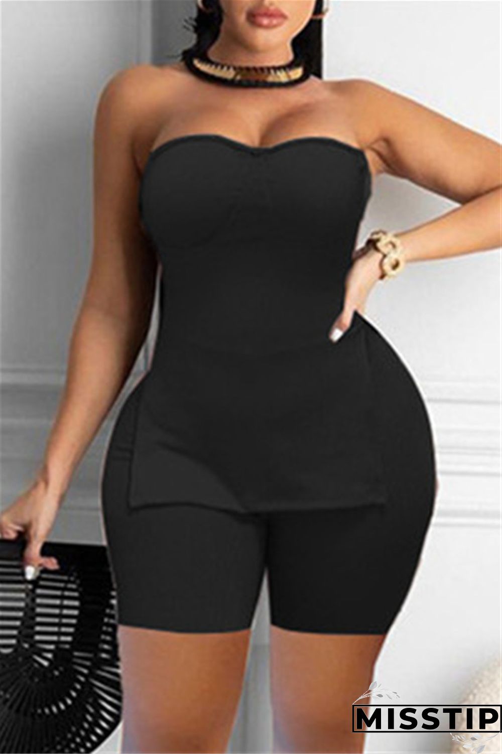Coral Powder Sexy Casual Solid Backless Slit Strapless Sleeveless Two Pieces
