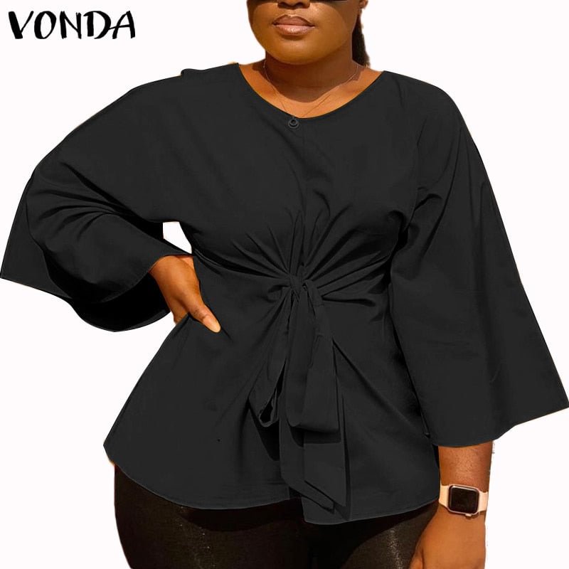 Office Ladies Belted Blouse Women Tunic Casual Baggy 3/4 Sleeve Tops 2022 VONDA Female Shirts Casual Blusas Femininas Oversized