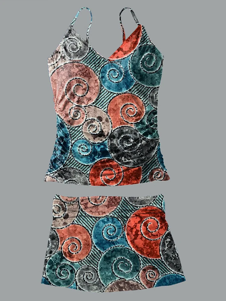 Colorful Conch Shells V-Neck Vintage Flowers Print Suspender Skirt Tankini Pantskirt Set Swimsuit