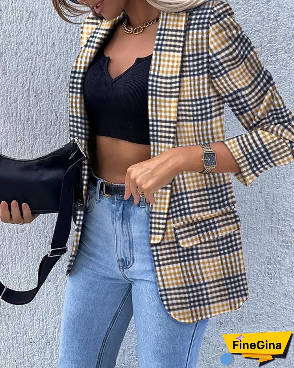 Plaid Print Long Sleeve Blazer Coat