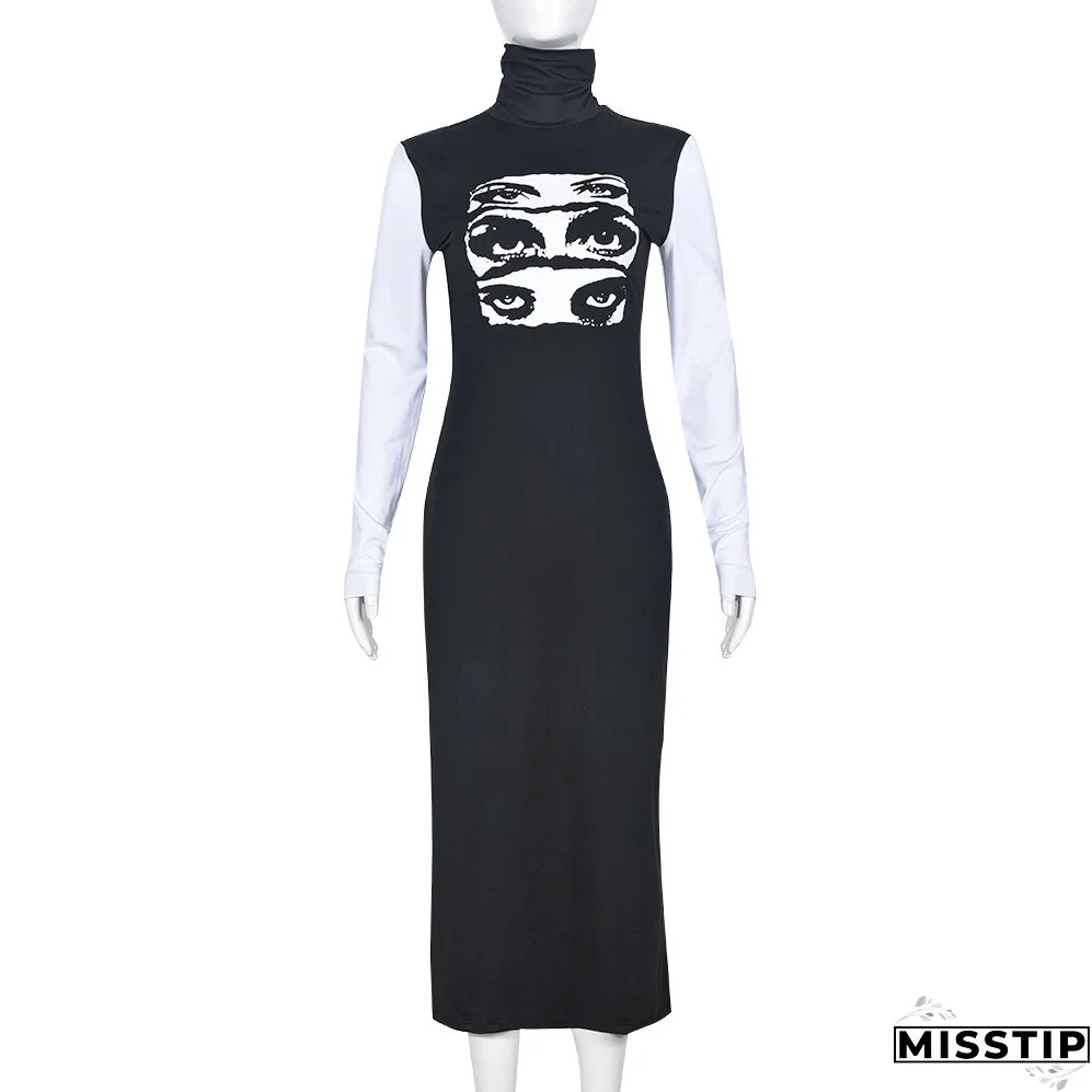 Women Sexy Long Sleeve Round Neck Print Dress