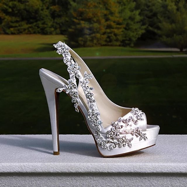White Satin Slingback Bridal Heels Rhinestone Peep Toe Platform Pumps |FSJ Shoes