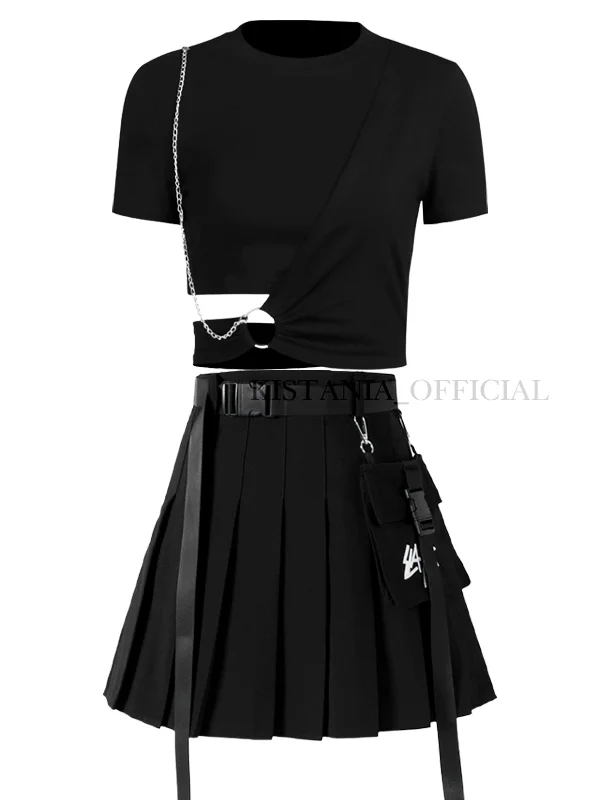Dark High Waist Midriff-baring Goth T-shirt + Pleated Tempt A-line Skirts 2 Pieces Sets