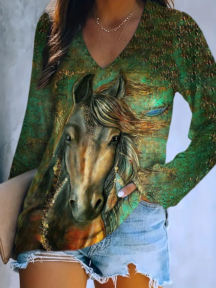 VChics Western Horse Embossed Print Long Sleeve V-Neck T-Shirt