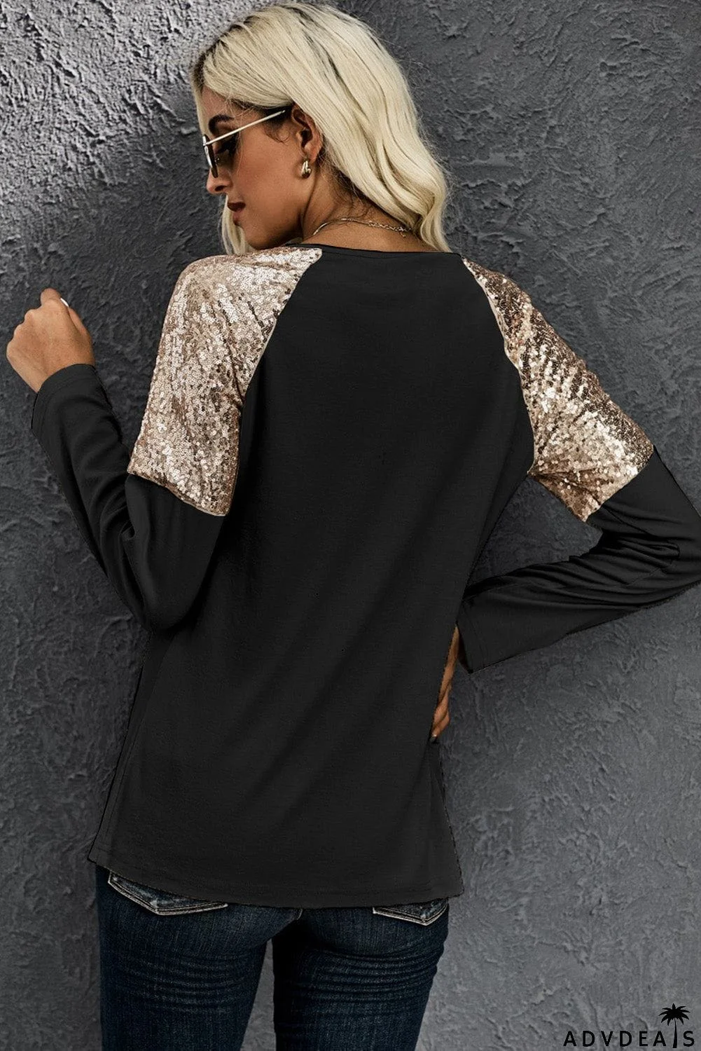 Sequin Shoulder Long Sleeve Top