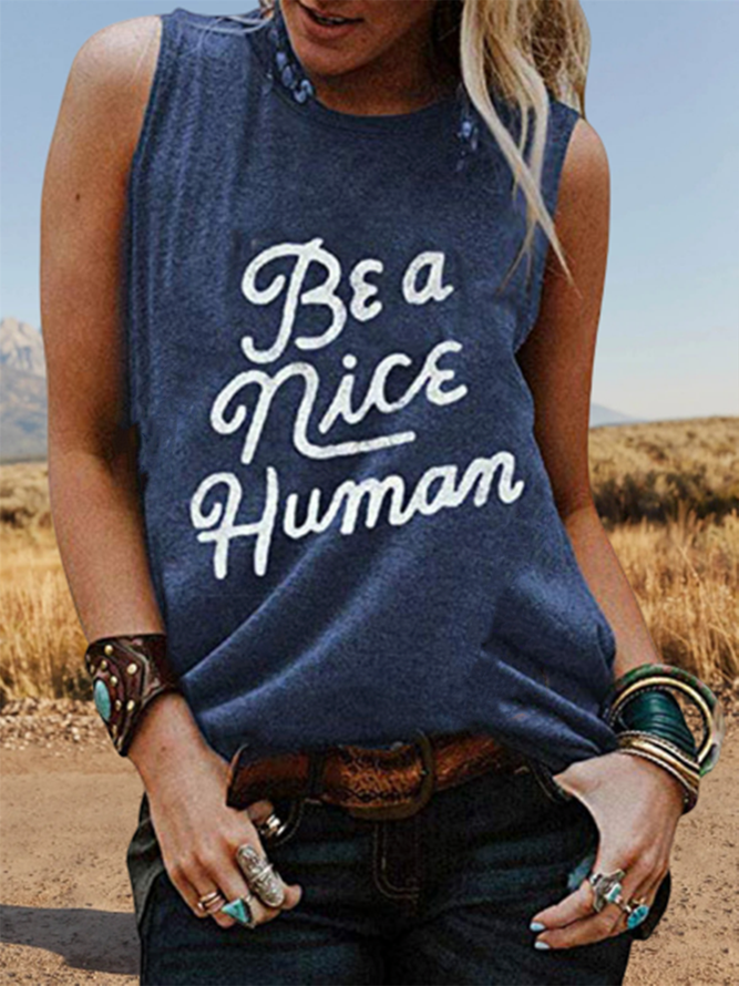Purplish Blue Casual Letter Printed Sleeveless Vest
