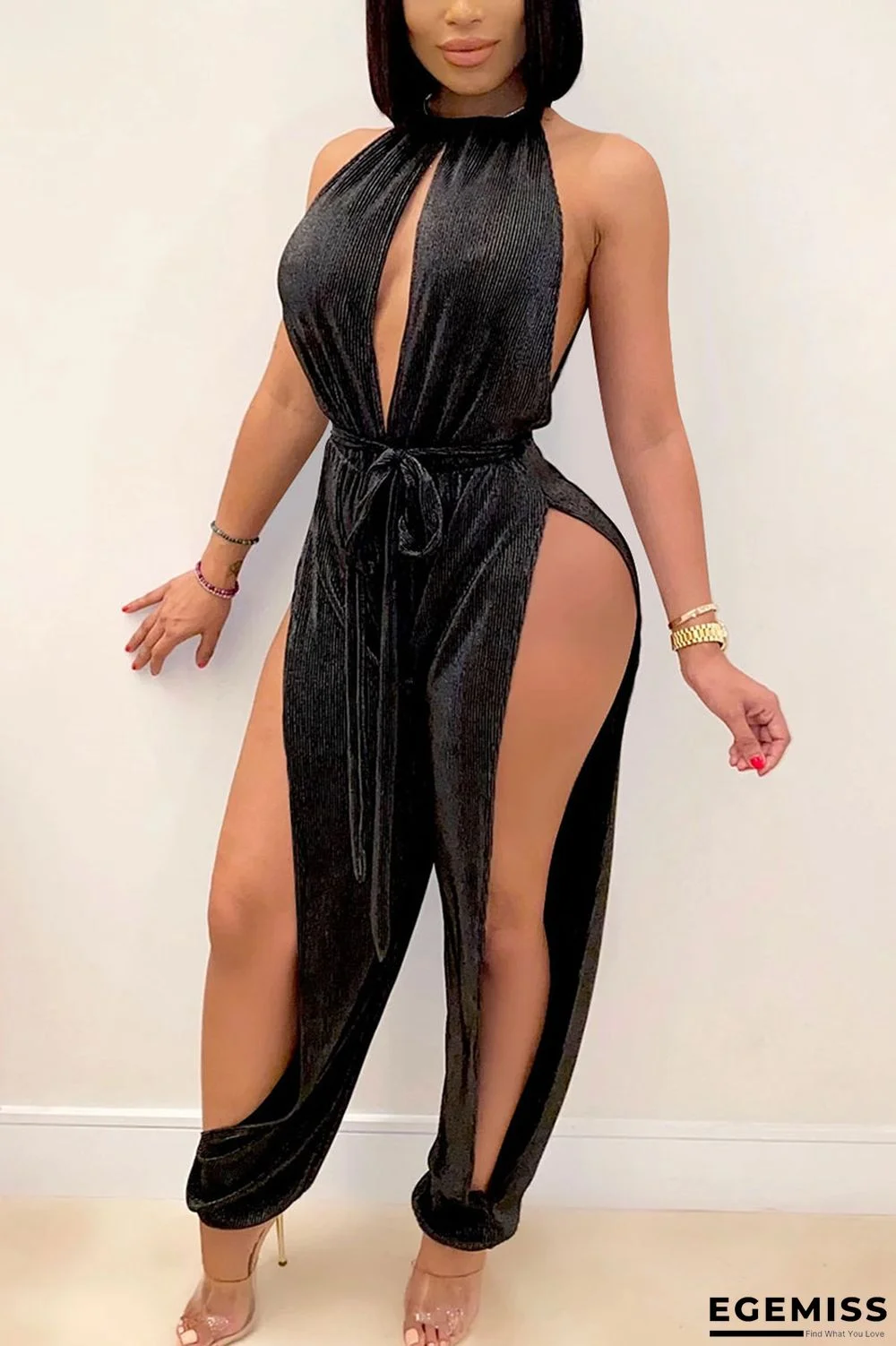 Black Sexy Solid Bandage Slit Jumpsuits | EGEMISS