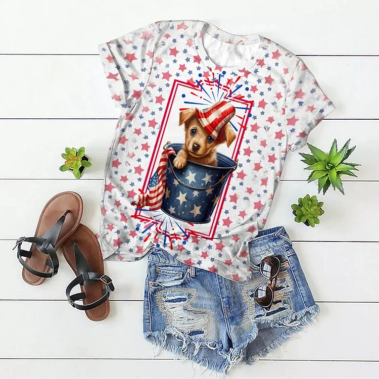 Women's American Flag Color Patriotic Puppy In A Bucket Sublimated Printed Casual Short Sleeve T-shirt