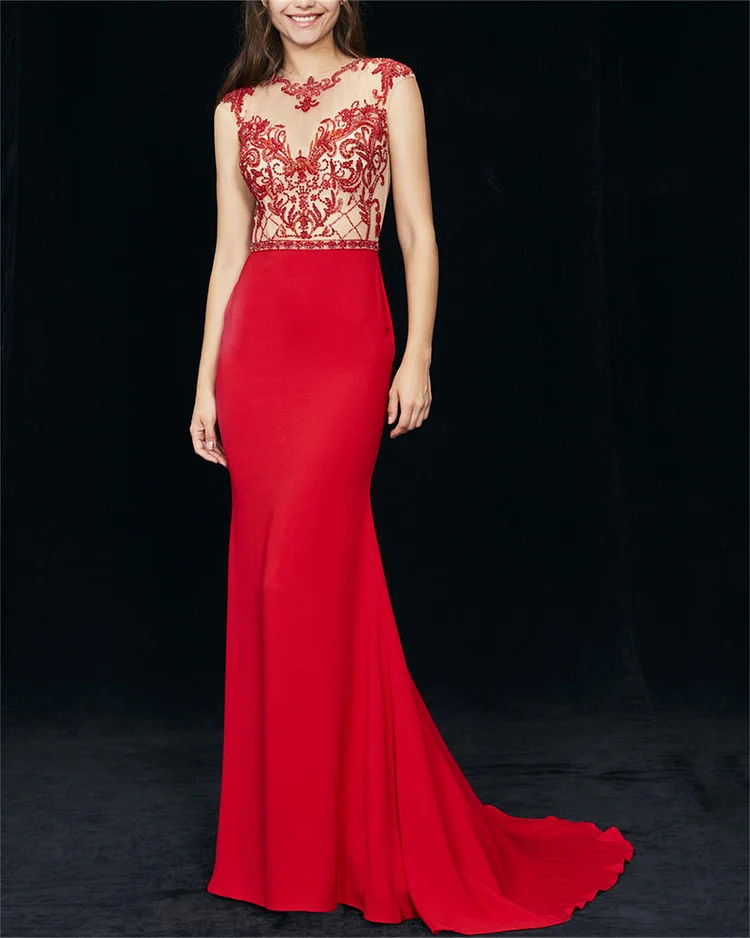 Women's Red Sleeveless Embroidered Dress