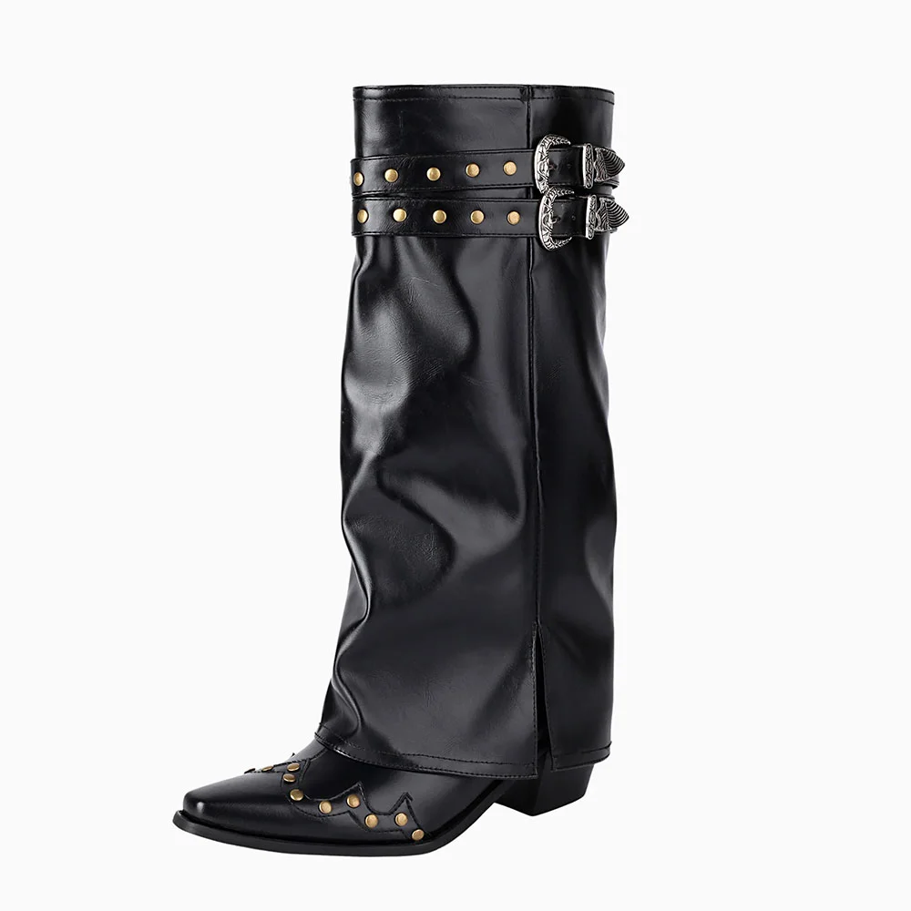 Classic Black Snip Toe Buckle Fold Over Cowgirl Boots with Studded