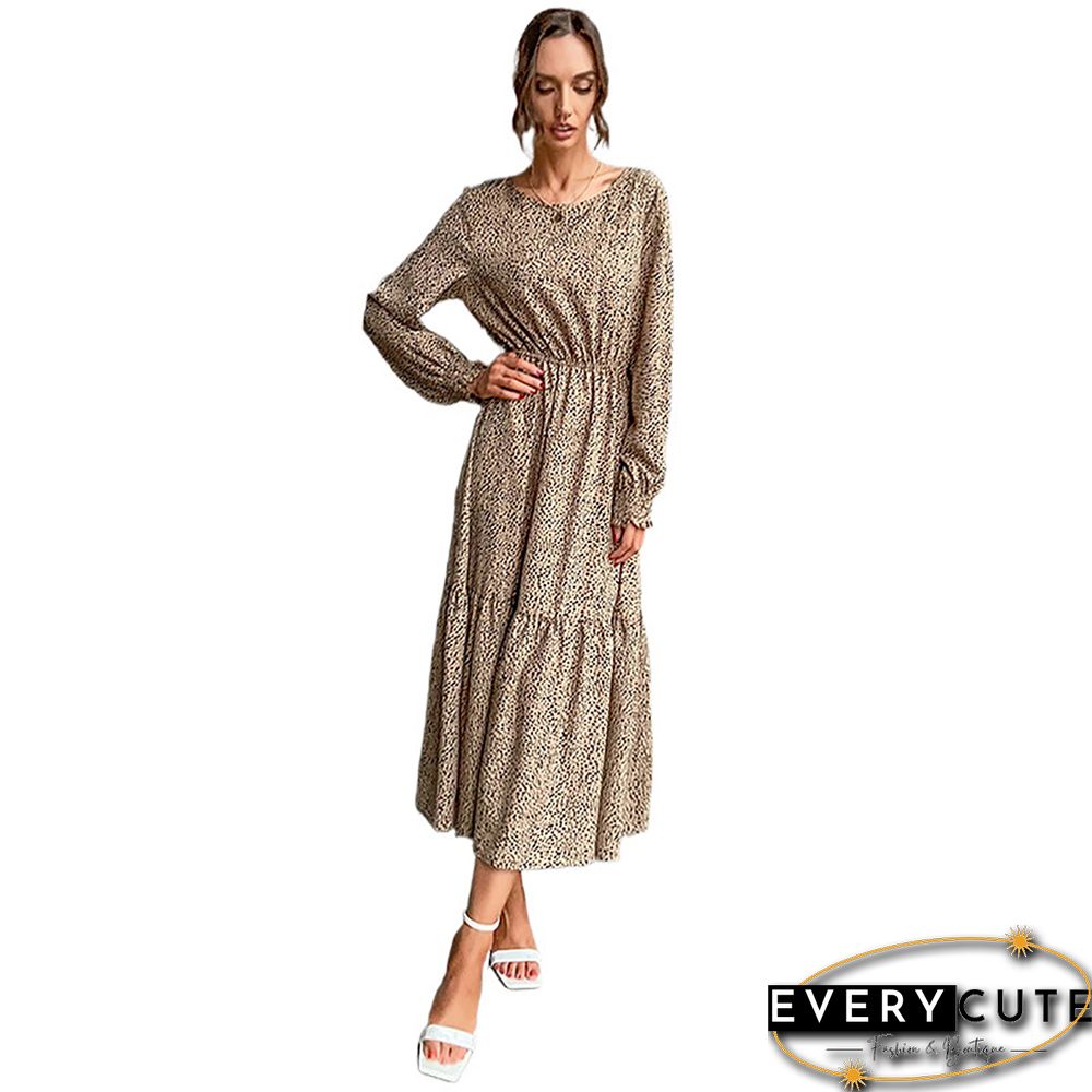 Khaki Leopard Ruffle Detail Long Sleeve Maxi Dress