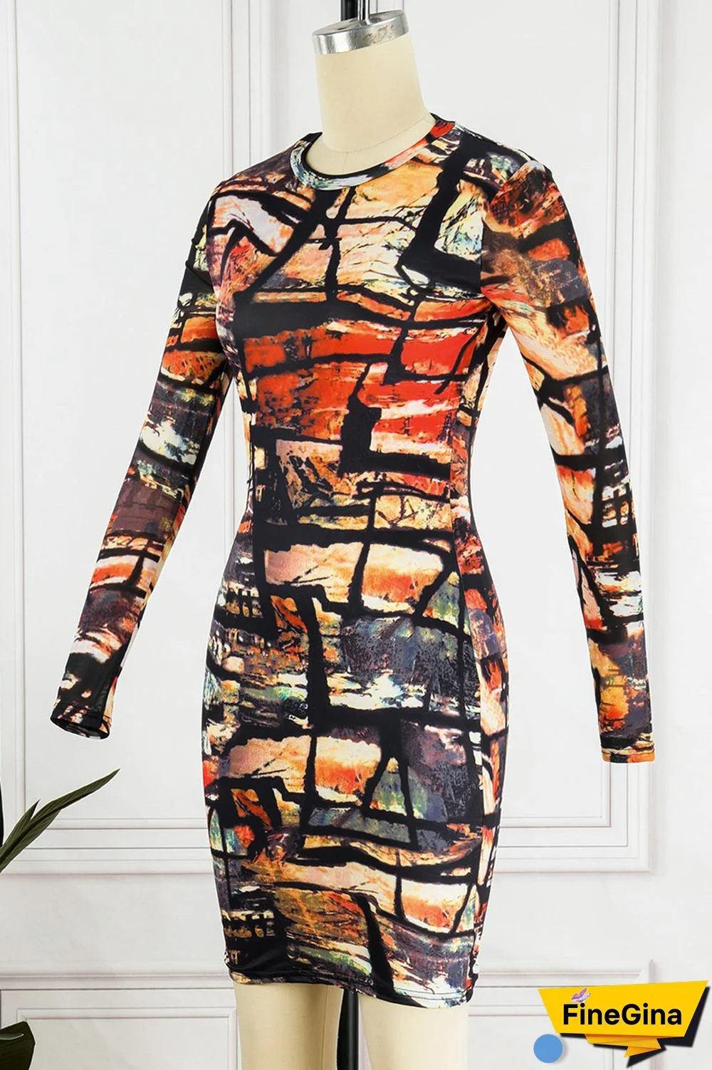 Colour Casual Print Basic O Neck Long Sleeve Dresses