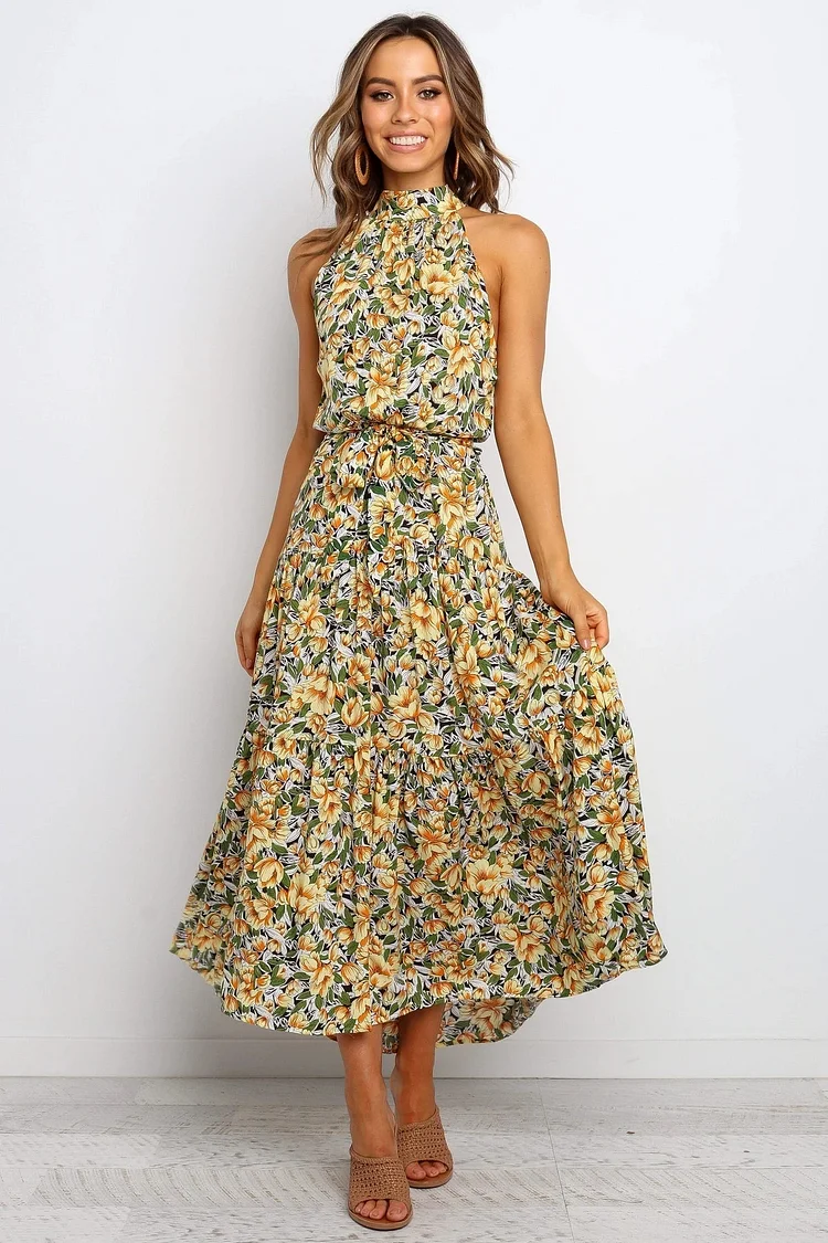 Floral Halter Neck Large Hemline Maxi Dress Yellow