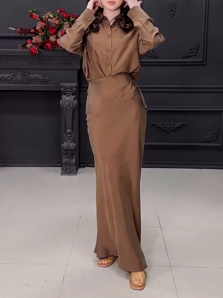 Stylish Long-sleeved Shirt Top and Skirt Two-piece Set