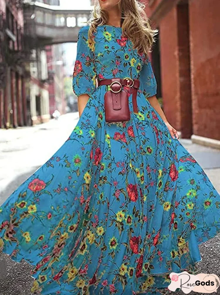Spring and Summer Print Chiffon Maxi Dress