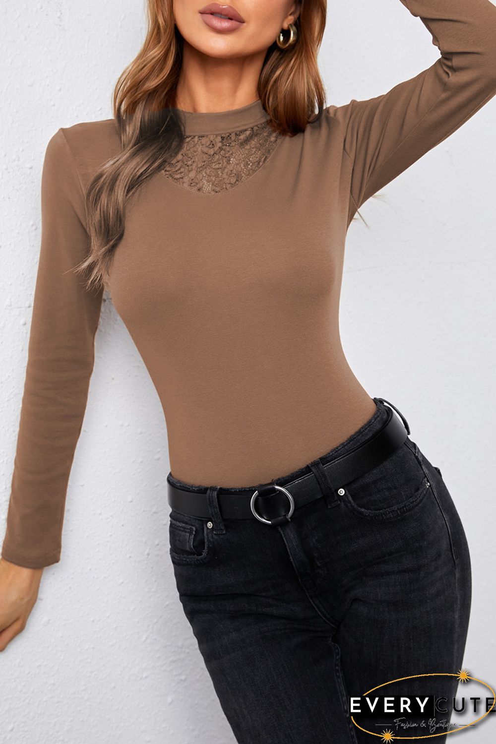 Khaki Mock Neck Lace Insert Slim Fit Long Sleeve Basic T Shirt